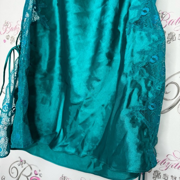 La senza dress babydoll lace corset tie up sides shimmer Teal Satin Chemise - Picture 4 of 15
